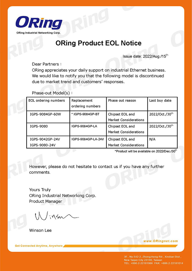 EoL Notice IGPS 9084 Series 650
