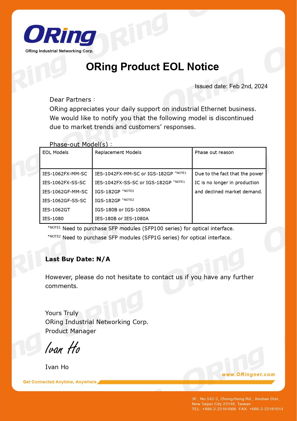 650 IMC B111ETB RJ45 Series EoL notice